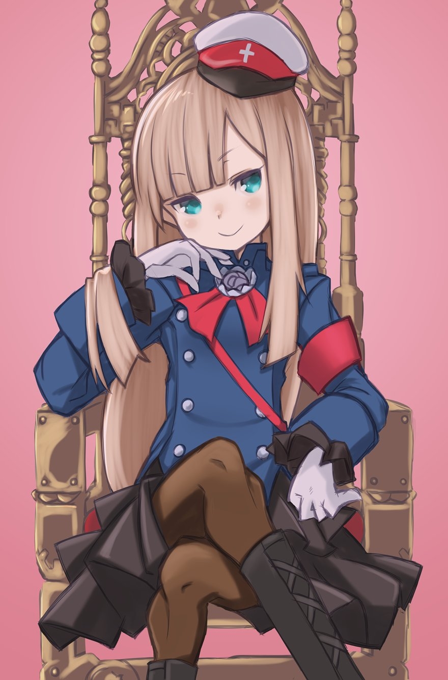 1girl aqua_eyes armband black_boots black_skirt blonde_hair blue_jacket blush boots breasts brown_pantyhose buttons chair crossed_legs double-breasted fate/grand_order fate_(series) flower gloves grey_flower grey_rose hat highres jacket knee_boots long_hair long_sleeves looking_at_viewer neck_ribbon pantyhose peaked_cap puddinghomhom red_ribbon reines_el-melloi_archisorte reines_el-melloi_archisorte_(second_ascension) ribbon rose sidelocks skirt small_breasts smile solo thighs tilted_headwear white_gloves white_hat