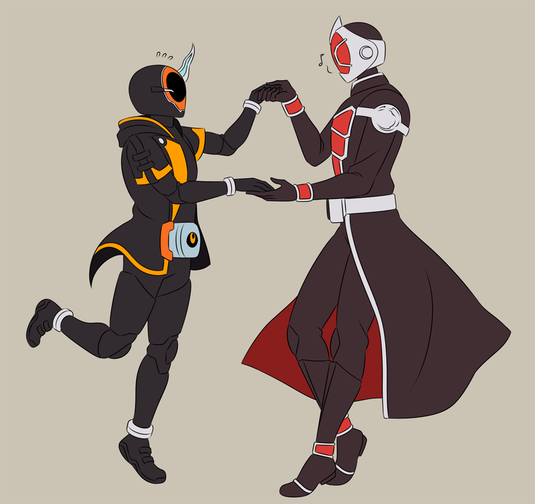 2boys armor belt black_eyes cloak coat dancing foxyelie ghost helmet holding_hands hood hood_down horns jewelry kamen_rider kamen_rider_ghost kamen_rider_ghost_(series) kamen_rider_wizard kamen_rider_wizard_(series) male_focus mask masked masked_male multiple_boys musical_note orange_armor red_armor ring sweat sweatdrop