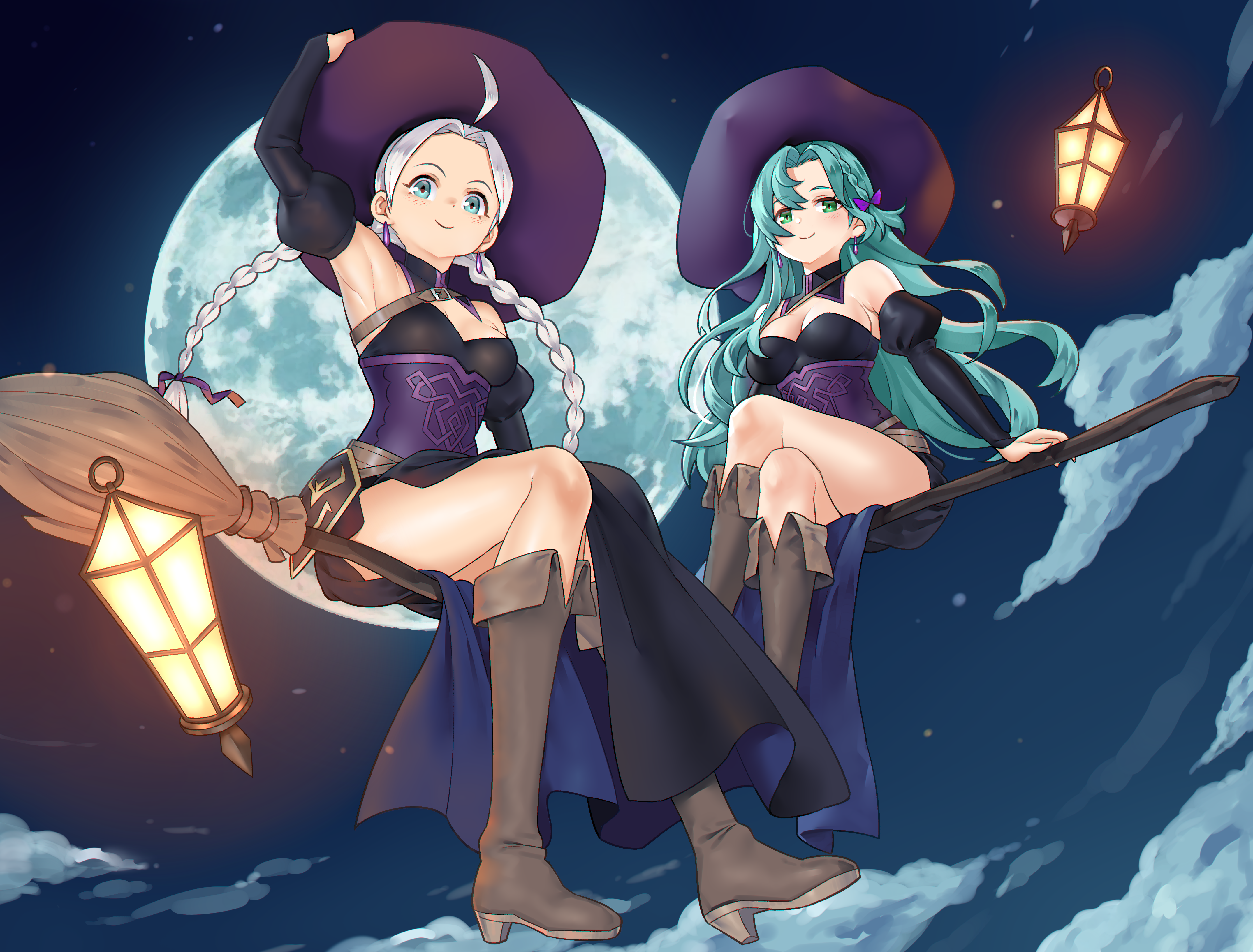 2girls absurdres ahoge alternate_costume aqua_hair bare_shoulders blue_eyes boots bow braid breasts broom broom_riding chloe_(fire_emblem) cleavage commission commissioner_upload cosplay detached_collar earrings fire_emblem fire_emblem_engage fire_emblem_fates fold-over_boots full_body full_moon green_eyes hair_bow hair_ribbon halloween halloween_costume highres igni_tion jewelry knee_boots lantern large_breasts leather leather_boots long_hair looking_at_viewer low_twin_braids low_twintails medium_breasts moon multiple_girls night night_sky nina_(fire_emblem) nintendo non-web_source parted_bangs purple_bow purple_ribbon ribbon side_braid sky teardrop_earrings twin_braids twintails witch witch_(fire_emblem_fates) witch_(fire_emblem_fates)_(cosplay)