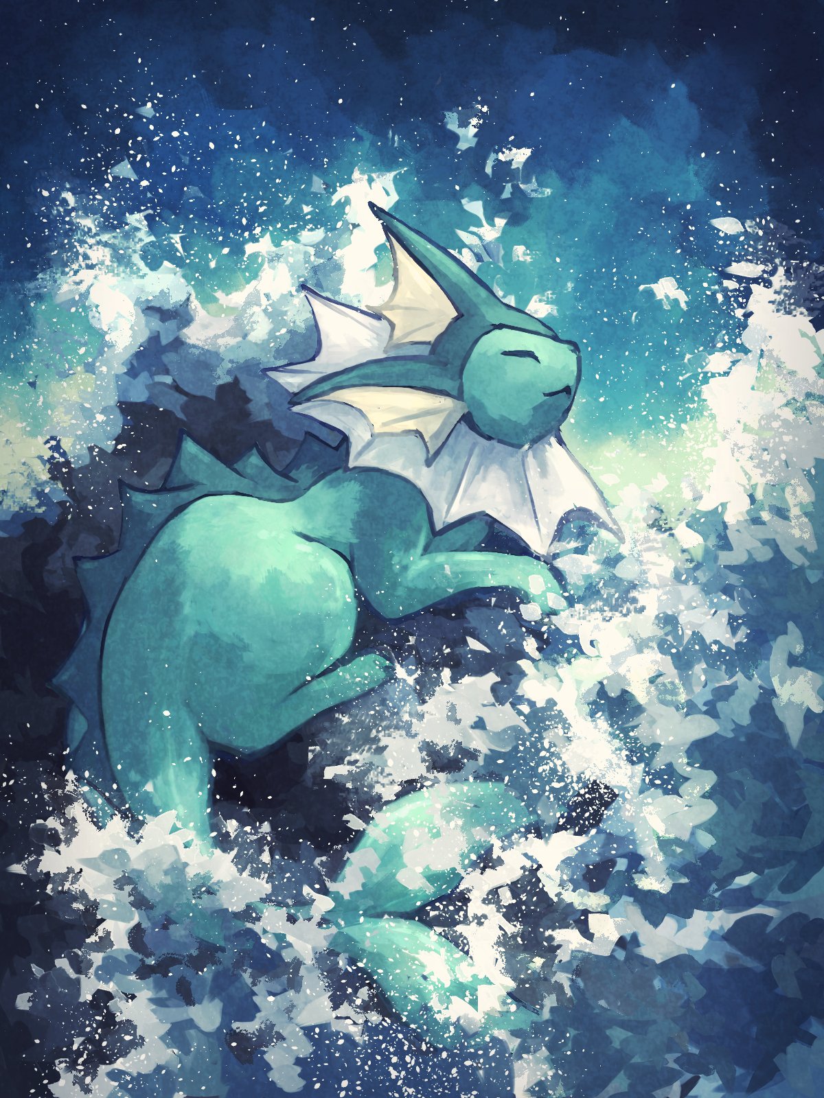 7_phi_3 blue_fur body_fur closed_eyes fins gen_2_pokemon head_fins highres nintendo no_humans pokemon pokemon_(creature) solo umbreon water waves