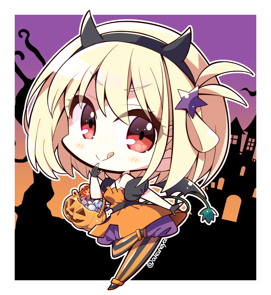 1girl :p akaneya alternate_costume bare_shoulders basket black_gloves black_hairband blonde_hair blush_stickers border closed_mouth commentary_request demon_girl demon_horns demon_wings dress elbow_carry fake_horns fake_wings gloves grey_background hair_between_eyes hair_ornament hairband halloween halloween_costume hand_up holding holding_basket horns jack-o&#039;-lantern looking_at_viewer lycoris_recoil medium_hair nishikigi_chisato one_side_up orange_background orange_dress purple_background red_eyes short_dress simple_background smile solo star_(symbol) star_hair_ornament tongue tongue_out twitter_username v-shaped_eyebrows white_border wings