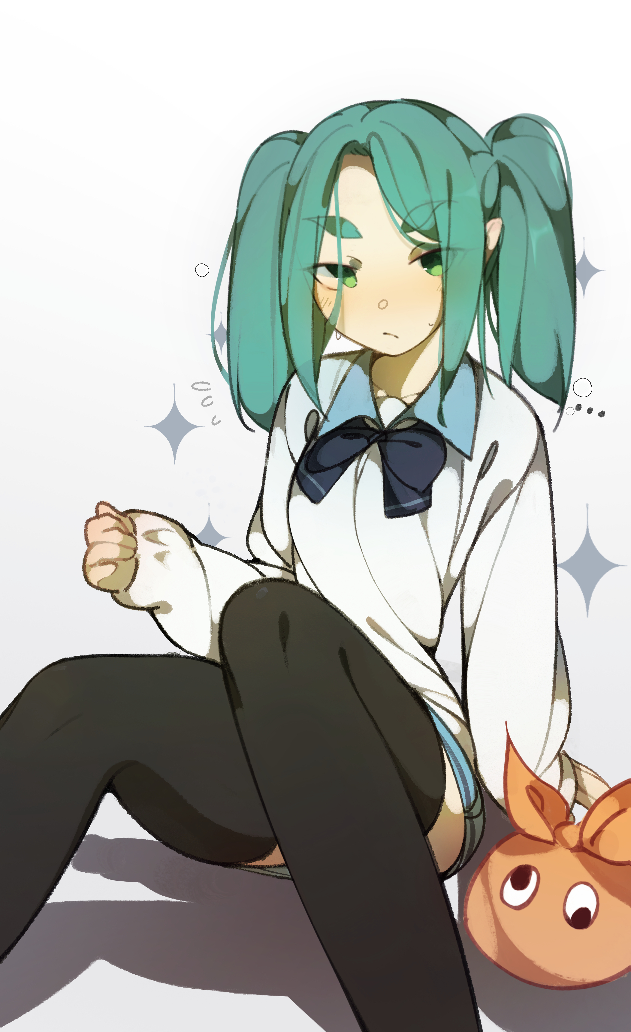 ... 1girl absurdres aqua_hair black_thighhighs blouse blue_bow blue_bowtie blue_sailor_collar blue_skirt bow bowtie closed_mouth commentary cosplay deko_morii diamond_(shape) dot_nose flying_sweatdrops green_eyes highres hikimayu light_blush long_sleeves looking_at_viewer medium_hair monogatari_(series) ononoki_yotsugi parted_bangs pleated_skirt sailor_collar school_uniform serafuku shirt simple_background sitting skirt sleeves_past_wrists solo thighhighs tsuganoki_second_junior_high_school_uniform white_background white_shirt