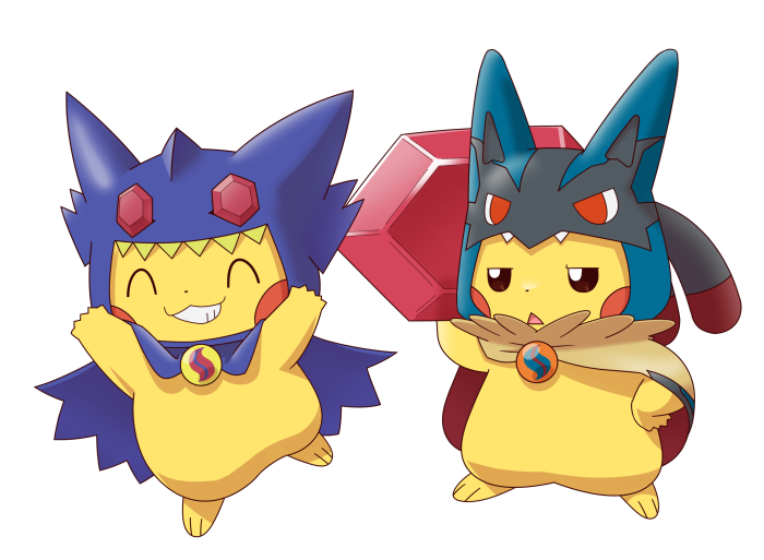 brown_eyes cape closed_eyes cosplay gem gen_1_pokemon gen_3_pokemon gen_4_pokemon half-closed_eyes holding lucario mega_lucario mega_pokemon mega_sableye mega_stone nintendo no_humans open_mouth pikachu pirosiki025 pokemon pokemon_(creature) sableye smile standing white_background