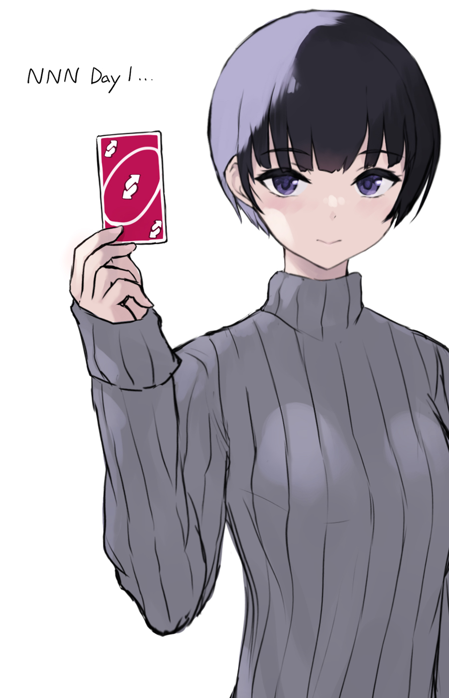 1girl black_hair cait_aron closed_mouth commentary english_commentary grey_sweater hand_up highres holding long_sleeves looking_at_viewer no_nut_november original purple_eyes short_hair simple_background solo sweater turtleneck turtleneck_sweater uno_(game) uno_reverse_card upper_body white_background