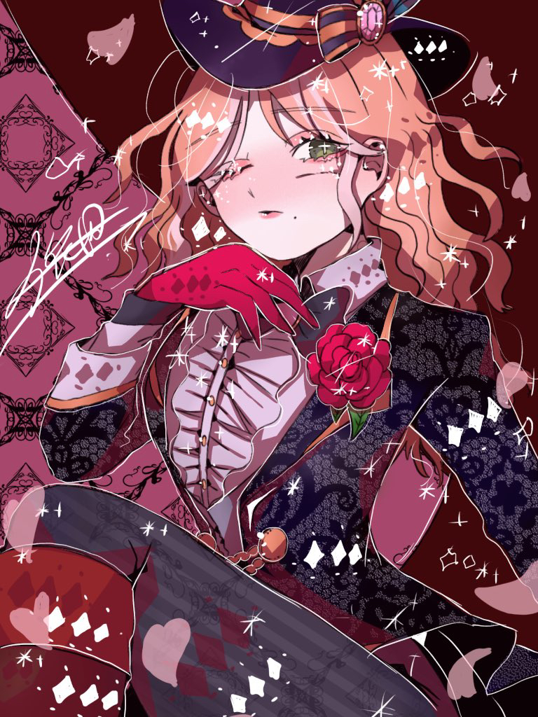 +_+ 1girl black_hat blonde_hair bow demi_bourbon demi_bourbon_(true_proof) flower formal_clothes gloves green_eyes grey_pantyhose hat hat_bow identity_v long_hair long_sleeves one_eye_closed orange_bow pantyhose pink_background red_background red_flower red_footwear red_gloves sitting solo striped_bow striped_leggings suit yoda_(pixiv39250062)
