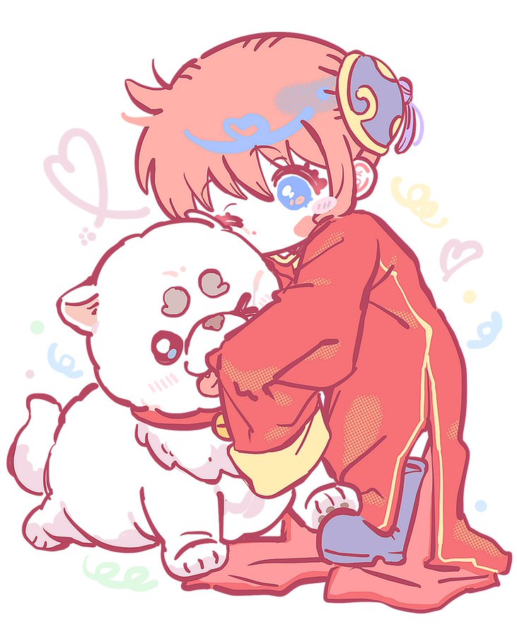 1girl animal animal_hug blue_eyes blush_stickers boots bun_cover chibi child china_dress chinese_clothes collar commentary_request dog double_bun dress full_body gintama hair_bun heart hug kagura_(gintama) long_sleeves one_eye_closed orange_hair oversized_clothes red_collar red_dress sadaharu short_hair side_slit sleeves_past_fingers sleeves_past_wrists solo tongue tongue_out twochi_hm white_background