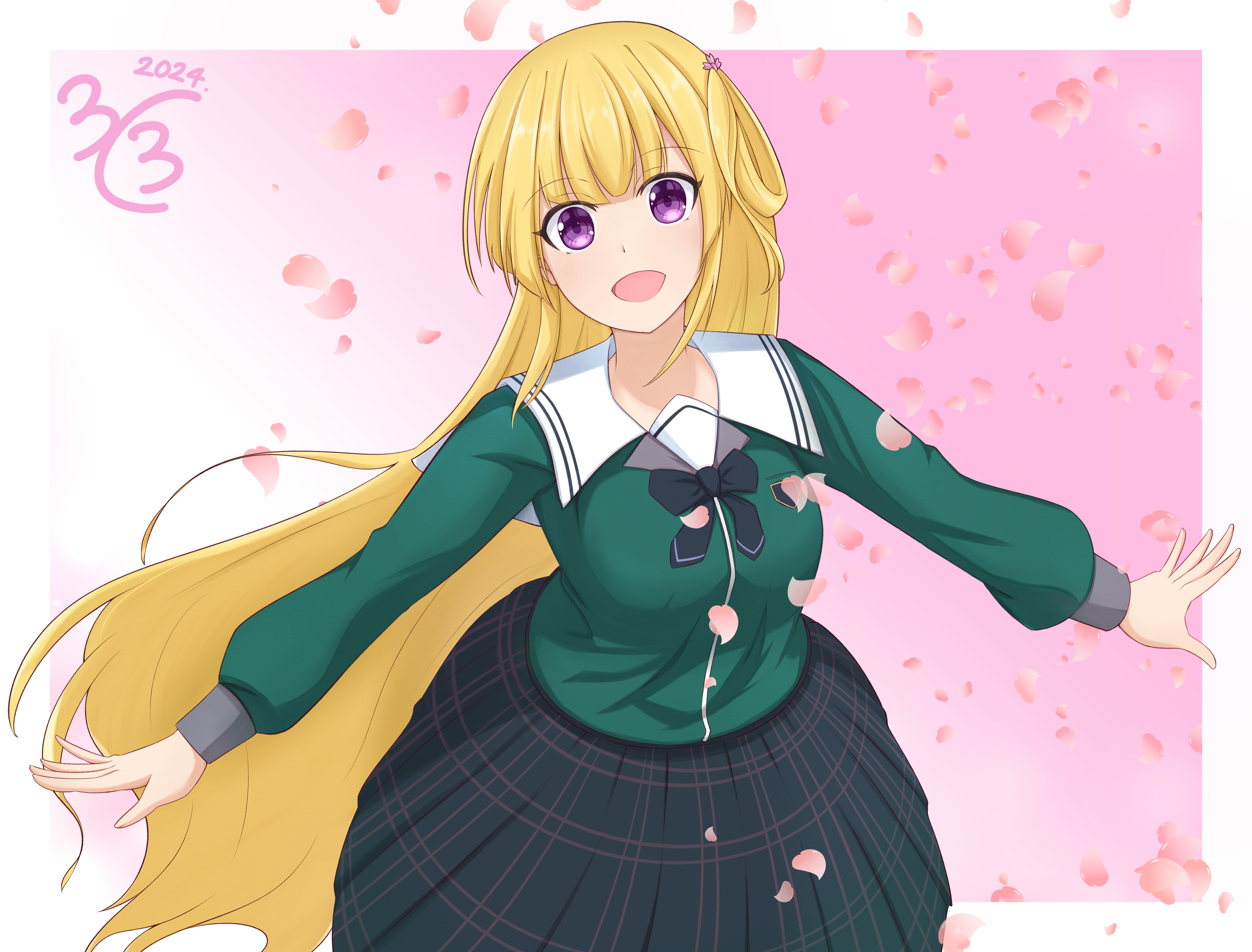1girl 22/7 :d absurdres black_bow black_bowtie black_skirt blonde_hair border bow bowtie dated falling_petals fujima_sakura gradient_background green_shirt hair_rings highres long_hair long_sleeves looking_at_viewer one_side_up open_mouth outside_border outstretched_arms petals pink_background pink_petals plaid_clothes plaid_skirt pleated_skirt purple_eyes rokubanchou_school_uniform sailor_collar school_emblem school_uniform serafuku shirt single_hair_ring skirt smile solo standing takumitu_711 white_border white_sailor_collar winter_uniform