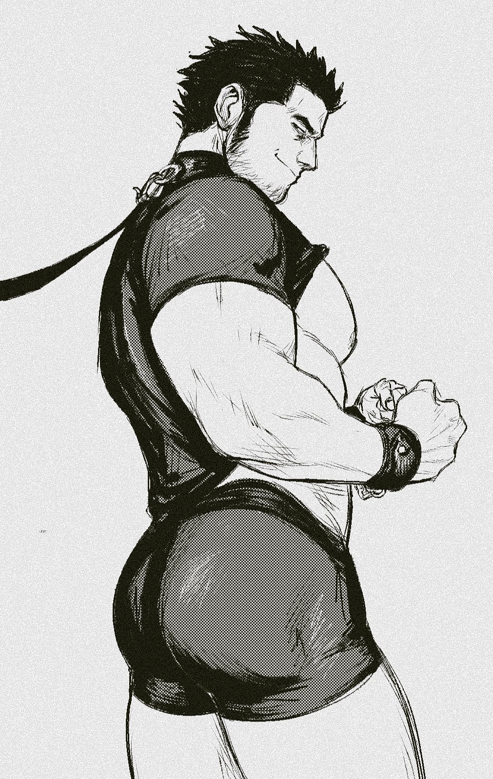 1boy ass bara bare_pectorals bdsm beard_stubble boxers clothes_lift contrapposto cowboy_shot cuffs facial_hair from_side greyscale handcuffs highres large_pectorals leash lucas_lee male_focus male_underwear mature_male monochrome muscular muscular_male nipples no_pants pectorals presenting presenting_ass profile scott_pilgrim_(series) scott_pilgrim_takes_off seductive_smile shirt shirt_lift short_hair short_sleeves smile smokerichi solo standing stubble t-shirt thick_eyebrows thighs tsurime underwear