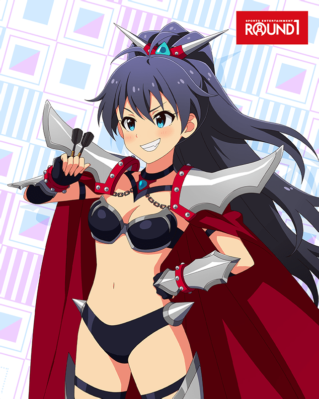1girl armor bikini_armor blue_eyes blue_hair breasts cape card_(medium) cleavage dart english_text fingerless_gloves ganaha_hibiki gloves grin idol_heroes_(idolmaster) idolmaster idolmaster_million_live! idolmaster_million_live!_theater_days navel official_art pauldrons ponytail round_one shoulder_armor smile solo spikes