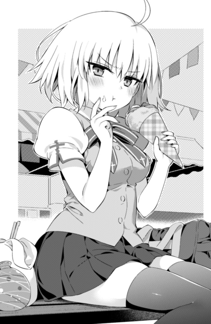 1girl :t ahoge alternate_costume bag blush bow bowtie breasts bunting closed_mouth crepe eating fate/grand_order fate_(series) food food_on_face greyscale hanabana_tsubomi homurabara_academy_school_uniform jeanne_d&#039;arc_alter_(avenger)_(fate) jeanne_d&#039;arc_alter_(fate) looking_at_viewer medium_breasts monochrome school_bag school_uniform short_hair short_sleeves sitting skindentation skirt solo thighhighs vest