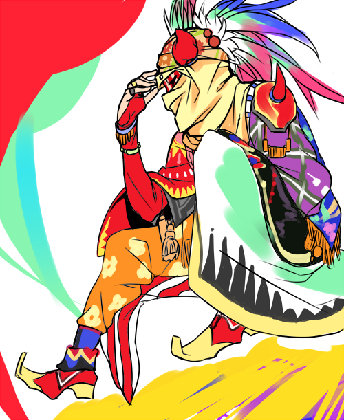 amano_yoshitaka_(style) ambiguous_gender cloak closed_eyes covered_face elbow_gloves facial_tattoo facing_to_the_side final_fantasy final_fantasy_vi floral_print gloves gogo hado hand_on_own_head jewelry patterned_clothing plume ring sitting solo spiked_pauldrons tassel-trimmed_cape tattoo yellow_hood