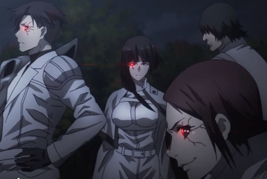 2boys 2girls angry aura_shinsanpei black_hair breasts ching-li_hsiao female_focus full_body jacket long_hair looking_at_viewer male_focus multiple_boys multiple_girls tokyo_ghoul white_jacket
