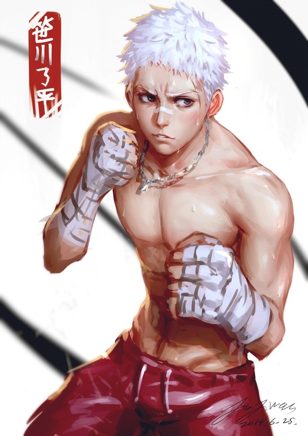 1boy bandages bandage_on_face bandaged_hand bandages blurry character_name clenched_hand clenched_hands dated depth_of_field fighting_stance greenteaa grey_eyes jewelry katekyo_hitman_reborn! male_focus muscular necklace sasagawa_ryohei topless_male shorts signature simple_background solo sweat white_hair