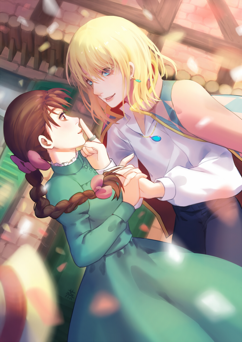 1boy 1girl aqua_eyes blonde_hair bow braid brown_eyes brown_hair building cape earrings finger_to_mouth flying frills from_above hair_bow hat hetero highres holding_hands howl_pendragon howl_no_ugoku_shiro jewelry medium_hair petals puffy_sleeves saphirya smile sophie_hatter tree wind