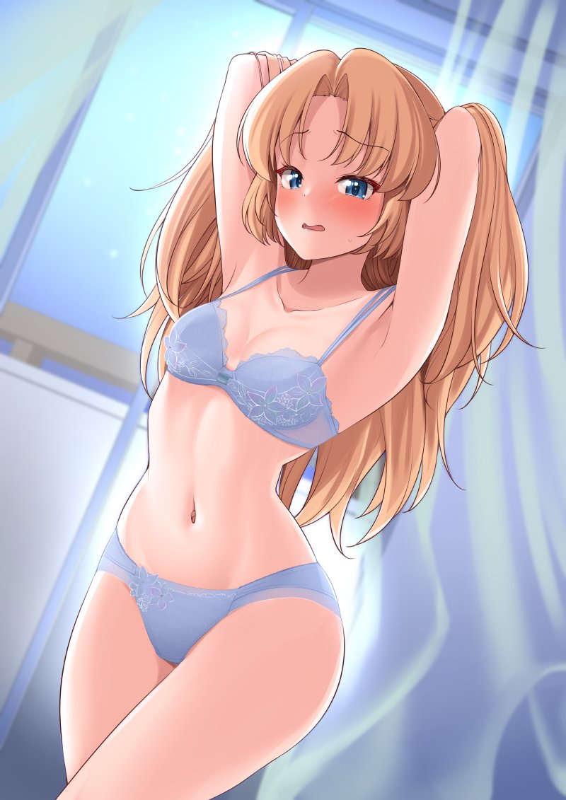1girl armpits arms_behind_head arms_up blonde_hair blue_bra blue_eyes blue_panties blush bra breasts cleavage commission curtains dream_c_club_(series) dream_c_club_gogo. hisakabe_oto indoors long_hair looking_at_viewer medium_breasts navel open_mouth panties seira_(dream_c_club_gogo.) skeb_commission solo thighs underwear underwear_only window