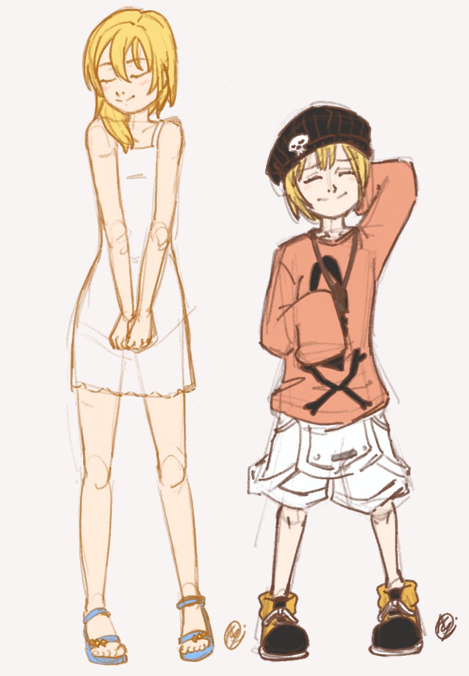 2girls bare_arms bare_shoulders bito_raimu blonde_hair blush closed_eyes closed_mouth dress feet highres innotsu kingdom_hearts long_sleeves multiple_girls namine sandals shoes sketch smile subarashiki_kono_sekai sweater white_dress