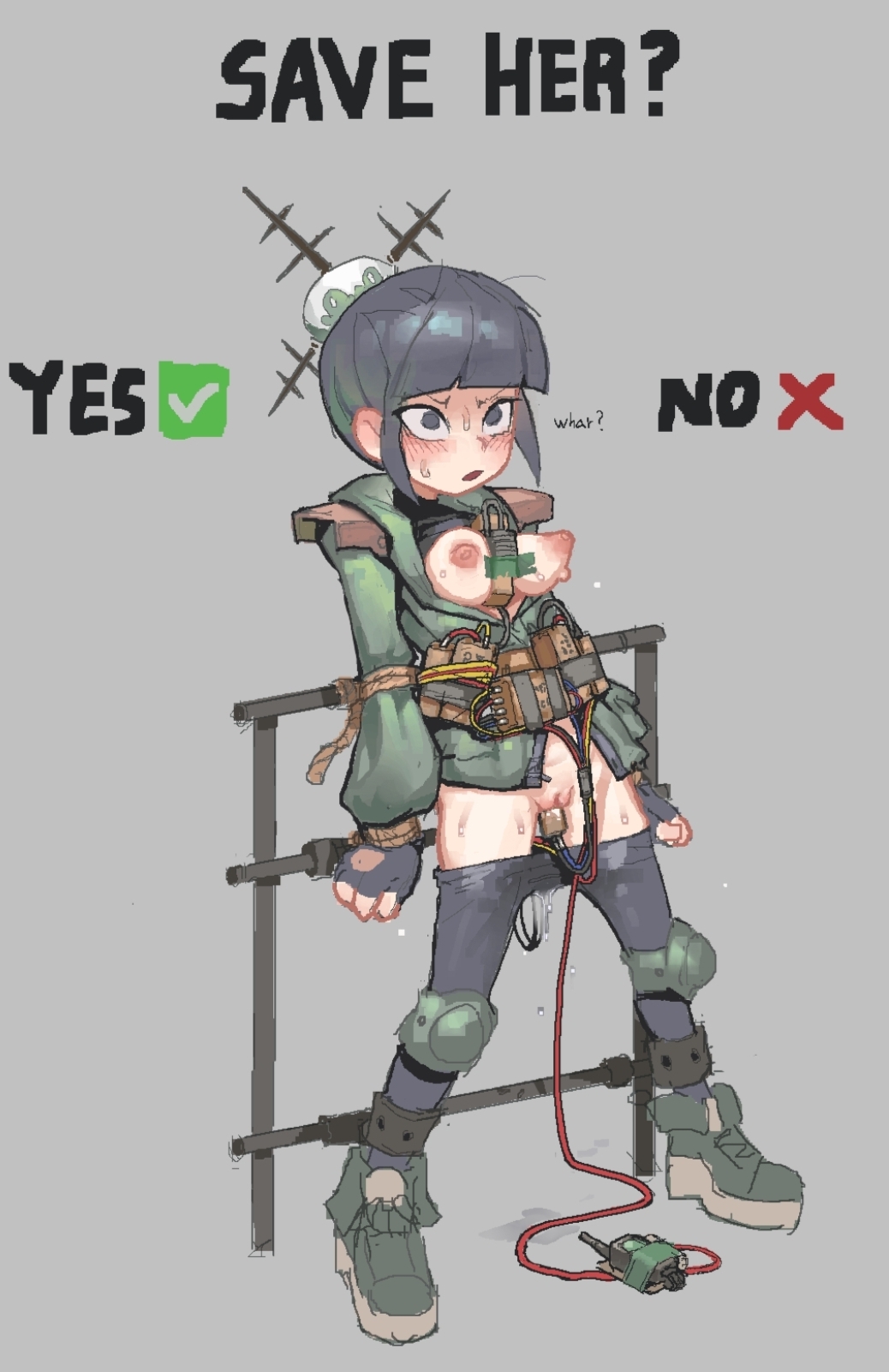 1girl black_hair bomber_jacket breasts breasts_out clothes_pull grey_background hair_ornament jacket juju_(skullgirls) kinshi76 medium_breasts military military_uniform nervous_sweating no object_insertion open_mouth pants pants_pull pussy pussy_peek ? scared skullgirls solo source_request sweat tied_up_(nonsexual) vaginal vaginal_object_insertion yes