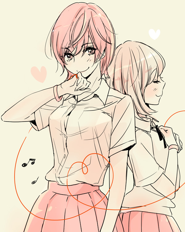 2girls asagao_to_kase-san bracelet closed_eyes closed_mouth commentary_request from_side heart jewelry kase_tomoka monochrome multiple_girls official_art pleated_skirt school_uniform short_hair skirt string string_of_fate takashima_hiromi yamada_yui yellow_theme yuri