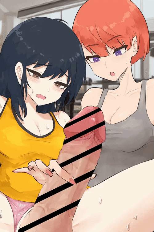 1futa 1girl a-dam animated animated_gif black_hair breasts brown_eyes censored cleavage clothing_aside crop_top cum ejaculation erection fingernails futa_with_female futanari handjob heavy_breathing large_breasts large_penis long_fingernails long_hair panties panties_aside penis purple_eyes red_hair short_hair underwear