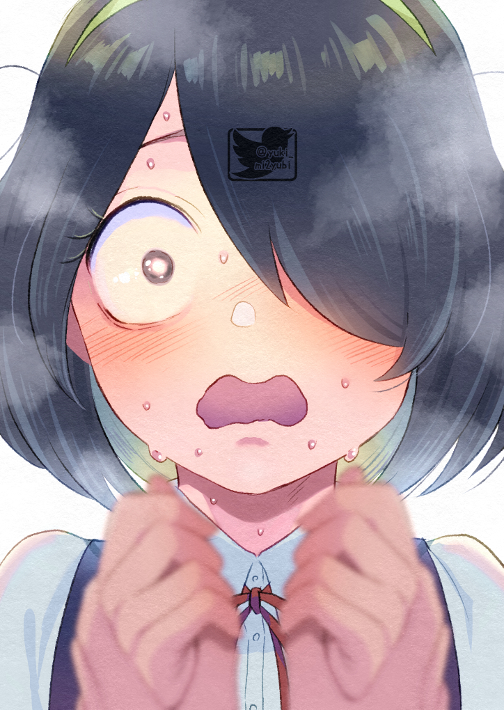 1girl 1other black_eyes black_hair blurry blurry_foreground blush collared_shirt embarrassed green_hairband hair_over_one_eye hairband holding_hands jijou_wo_shiranai_tenkousei_ga_guigui_kuru. looking_at_viewer nishimura_akane open_mouth shirt short_hair solo_focus sweat twitter_logo white_shirt yuki_(yuki3243)