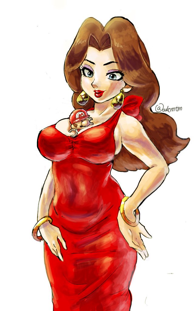 1girl between_breasts blue_eyes bracelet breasts brown_hair cleavage deep_skin donkey_kong_(series) dress earrings eyeshadow female_focus floating_earrings gold_bracelet gold_earrings halter_dress halterneck hand_on_own_hip jewelry large_breasts lips lipstick long_hair makeup mario mario_(series) mario_vs._donkey_kong mario_vs._donkey_kong_2:_march_of_the_minis mini_mario nintendo nm_qi pauline_(mario) red_dress red_lips simple_background sleeveless sleeveless_dress smile solo standing toy twitter_username white_background