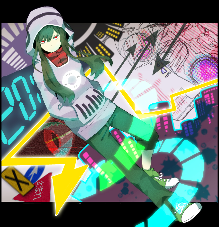 1girl bad_id bad_pixiv_id casual female_focus green_hair hands_in_pocket hood hoodie jitter jitter-bug-008 kagerou_project kido_tsubomi letterboxed long_hair looking_at_viewer mekakushi_code_(vocaloid) red_eyes shoes solo vocaloid