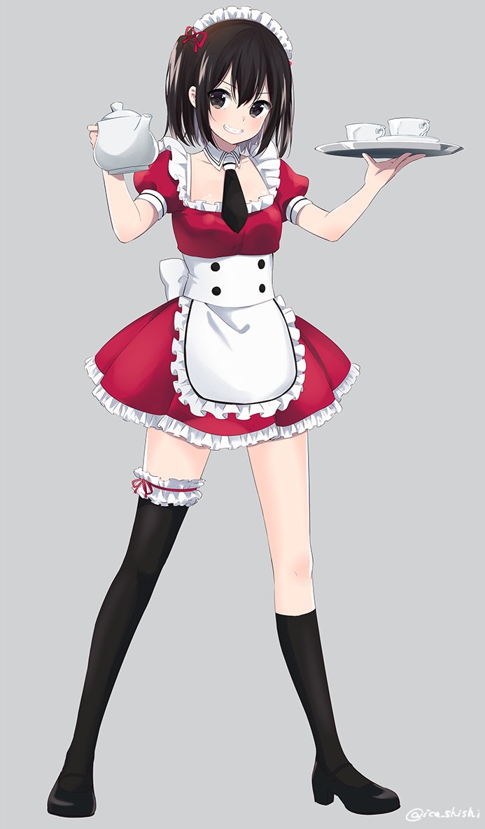 10s 1girl alternate_costume apron black_eyes black_hair black_shoes black_socks commentary cup detached_collar enmaided female_focus full_body grin hair_ornament ica kantai_collection kneehighs looking_at_viewer maid maid_headdress necktie plate sendai_(kancolle) shoes side_ponytail simple_background single_kneehigh single_sock single_thighhigh smile socks solo standing teacup teapot thighhighs twitter_username