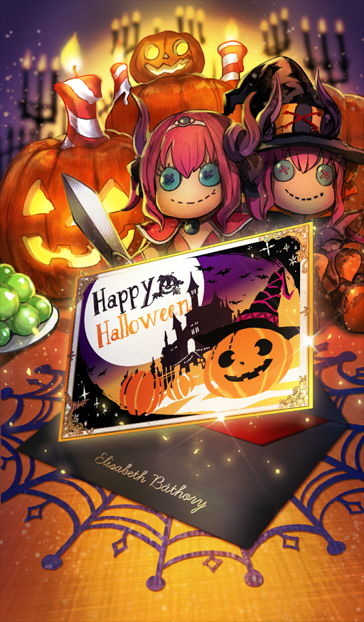 bat_(animal) button_eyes buttons candelabra candle candlestand character_doll commentary elizabeth_bathory_(brave)_(fate) elizabeth_bathory_(fate) elizabeth_bathory_(halloween_caster)_(fate) english_text envelope fate/grand_order fate_(series) fire food fruit grapes halloween happy_halloween hat holding holding_sword holding_weapon jack-o&#039;-lantern lasengle no_humans object_focus official_art orange_theme pink_hair postcard pumpkin sidelocks smile sparkle still_life sword third-party_source weapon witch_hat