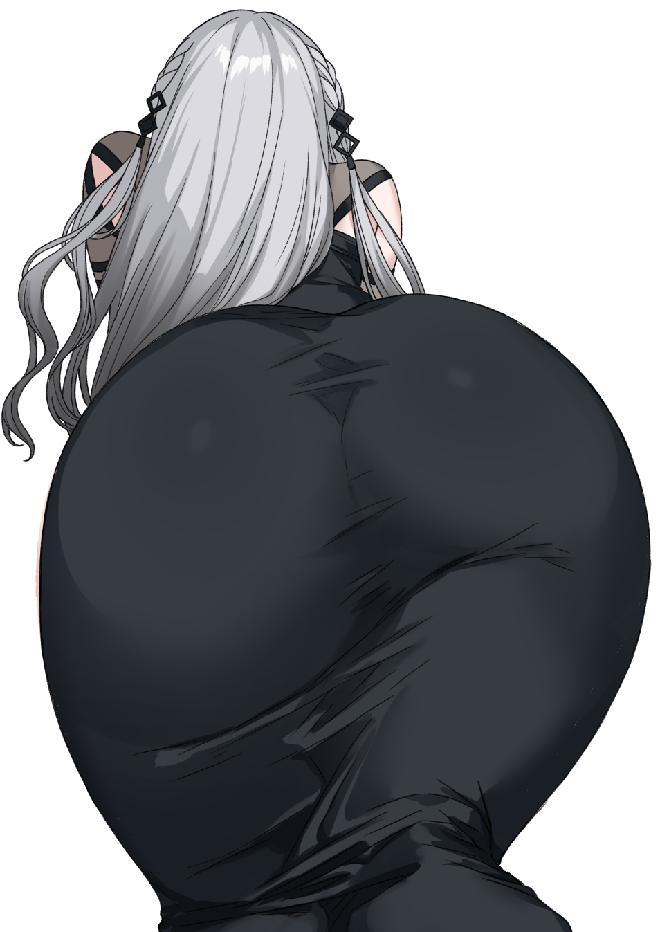 1girl all_fours ass ass_focus black_dress braid close-up dress from_behind furuno_(furuno132nw) grey_hair highres long_hair nijisanji side_braids simple_background solo sophia_valentine sophia_valentine_(1st_costume) tight_clothes tight_dress virtual_youtuber white_background