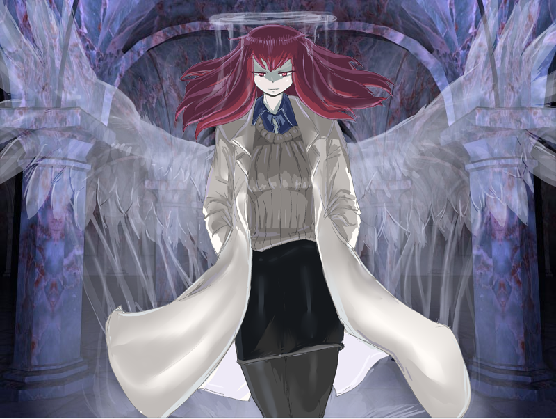 1girl angel angel_wings female_focus lab_coat long_hair mon-musu_quest! pale_skin promestein red_eyes red_hair solo spoilers wings