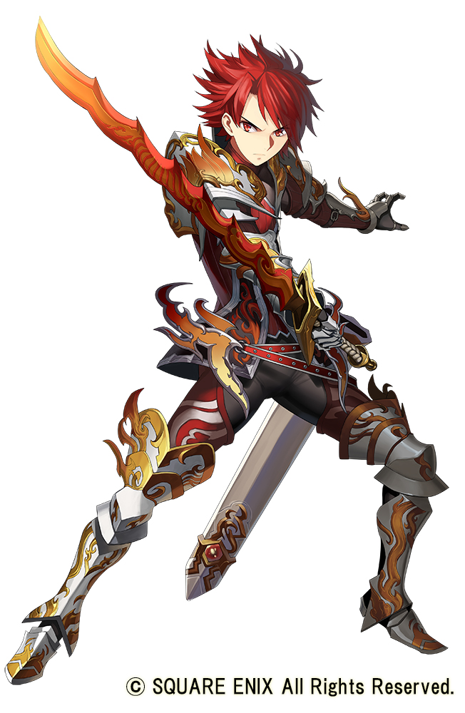 1boy armored_boots boots copyright_notice full_body gaou_(umaiyo_puyoman) grimms_notes holding holding_sword holding_weapon ignis_berflame_(grimms_notes) male_focus red_eyes red_hair scabbard sheath short_hair simple_background solo sword weapon white_background