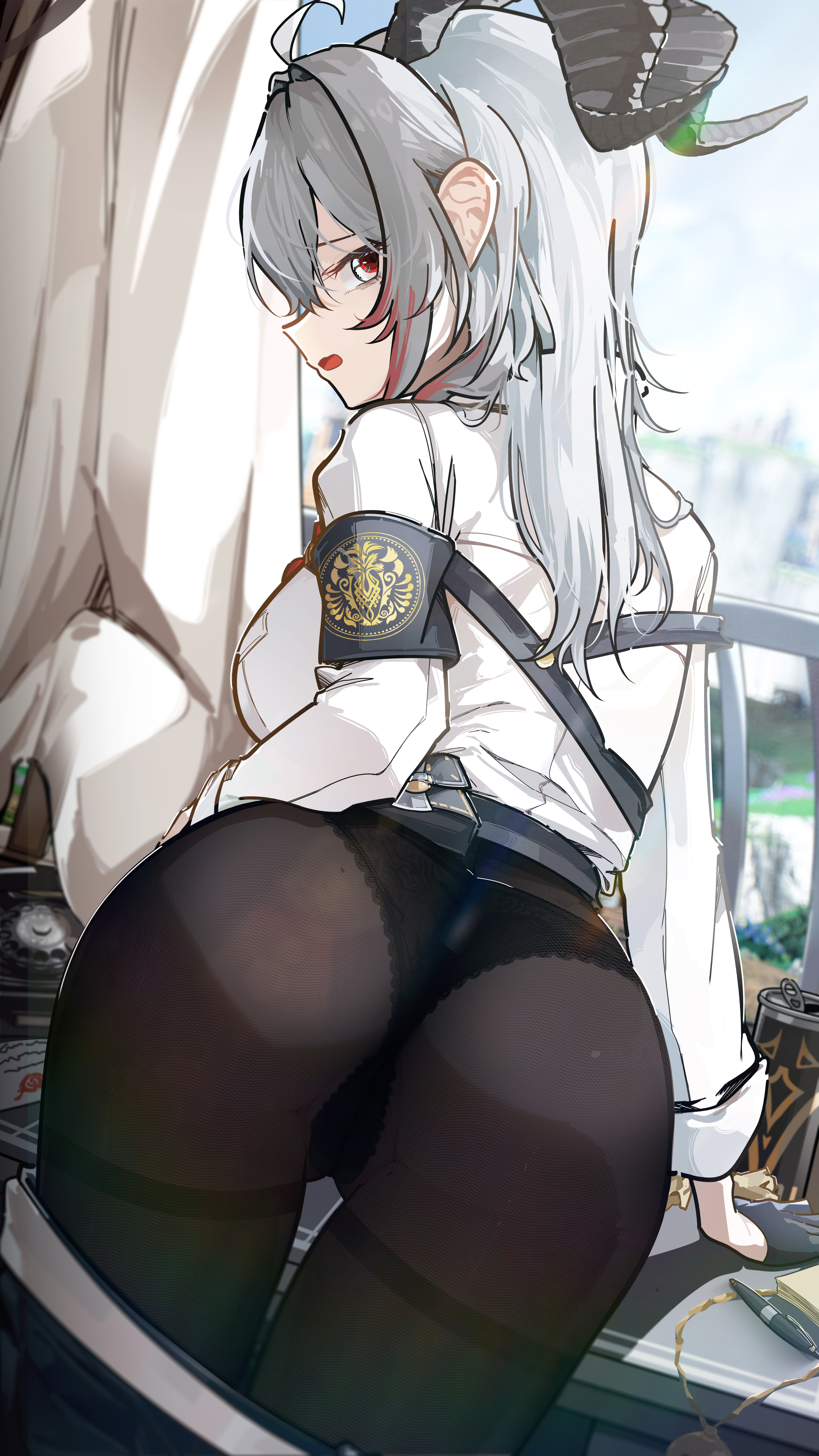 1girl absurdres ahoge anus anus_peek armband ass black_armband black_horns black_panties black_pants breasts can clothes_pull commentary cowboy_shot curled_horns drink_can english_commentary from_behind grey_hair highres horns indoors large_breasts long_hair looking_at_viewer looking_back multicolored_hair open_mouth panties panties_under_pantyhose pants pants_pull pantyhose partially_visible_vulva pen red_eyes revision ryeon_(naturesan) shirt solo streaked_hair thighband_pantyhose underwear white_shirt wuthering_waves zani_(wuthering_waves)