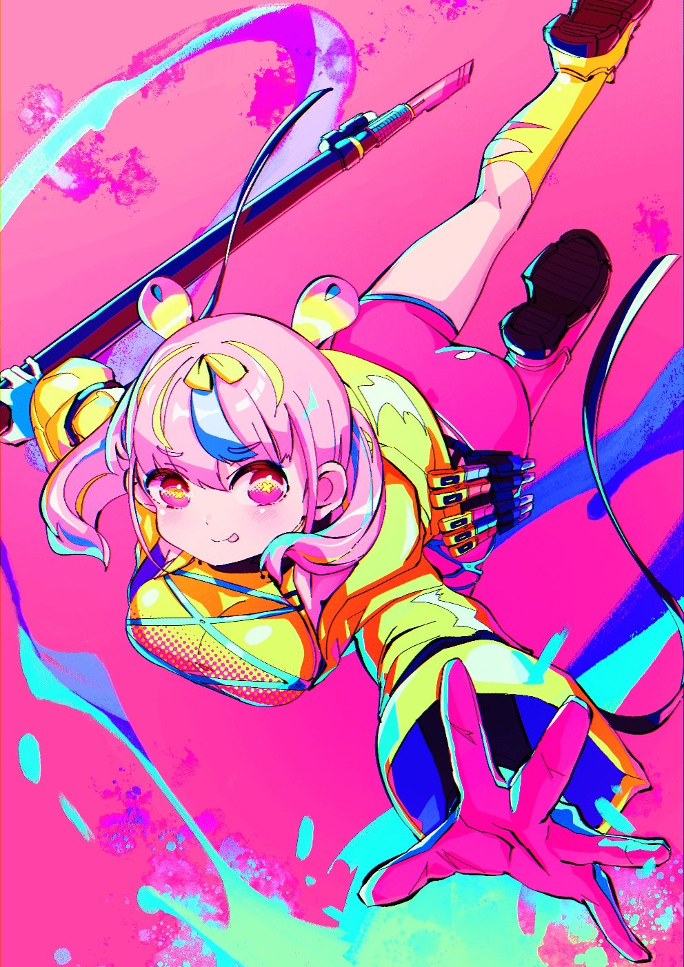 1girl ass breasts c_civciv full_body girls&#039;_frontline girls&#039;_frontline_neural_cloud gloves highres holding holding_staff hood hood_down hooded_jacket jacket large_breasts looking_at_viewer medium_hair midair multicolored_hair pink_background pink_eyes pink_hair pink_shorts puzzle_(neural_cloud) shoe_soles shoes shorts smile solo staff tongue tongue_out