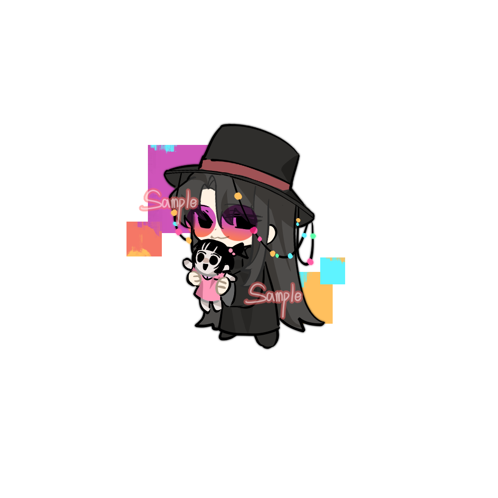 1boy 1girl :3 black_coat black_eyes black_hair black_hat black_shoes carrying carrying_person chibi chibi_only child chinese_commentary closed_mouth coat commentary_request dress gradient-tinted_eyewear hair_bobbles hair_ornament hat huai_huizhi huai_yunqing long_hair long_sleeves open_mouth pink_dress rimless_eyewear round_eyewear sample_watermark shoes short_hair smile tinted_eyewear touqi_guaitan watermark zhaoone233