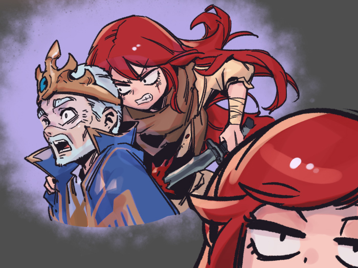 1boy 1girl angry assassination blood clenched_teeth cropped_torso crown grey_hair hand_on_another&#039;s_shoulder holding holding_knife katarina_(league_of_legends) king knife league_of_legends long_hair multiple_views open_mouth phantom_ix_row red_hair royal_robe scar scar_across_eye scar_on_face short_hair teeth