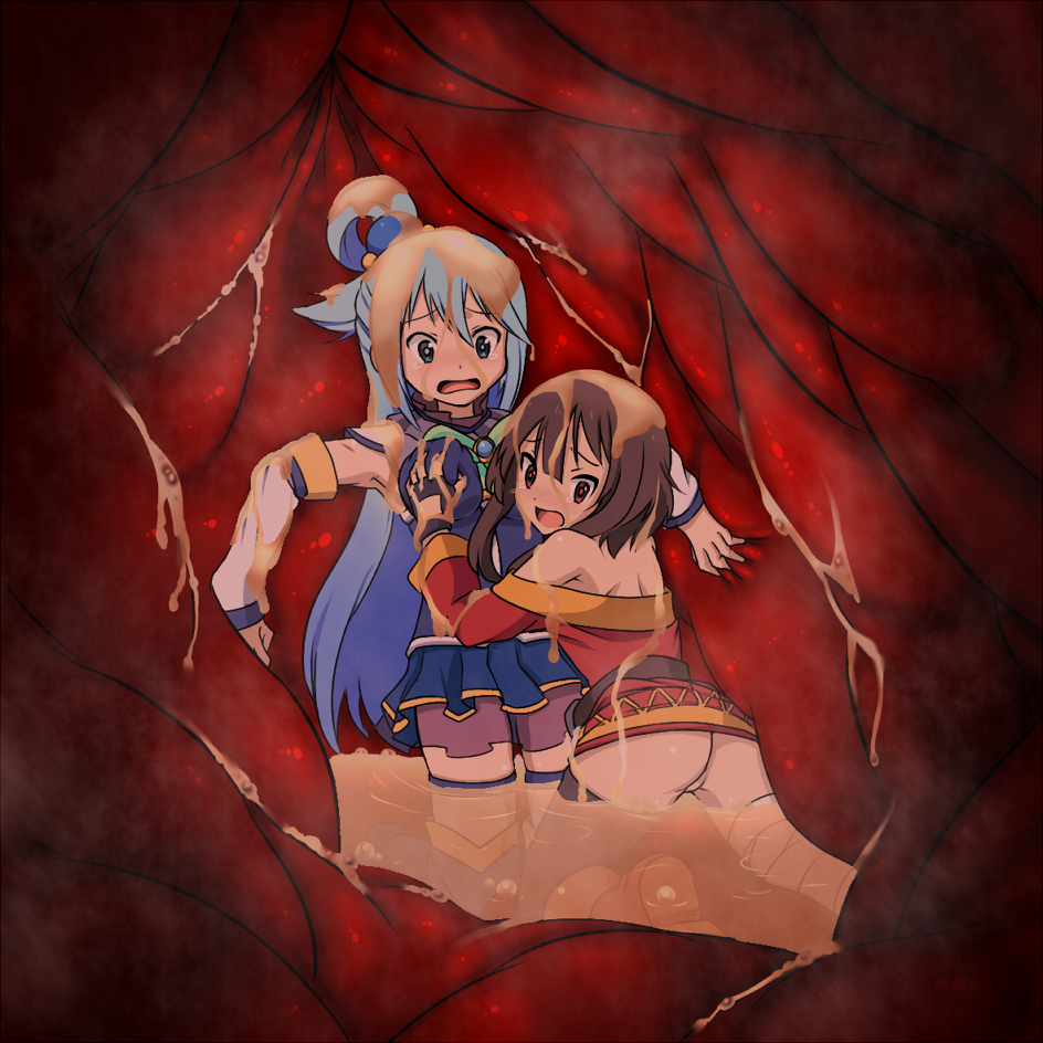 2girls acid aqua_(konosuba) ass black_hair blue_eyes blue_hair blue_skirt detached_sleeves dress female_focus fingerless_gloves gloves grabbing_another&#039;s_breast groping inside_creature kono_subarashii_sekai_ni_shukufuku_wo! long_hair looking_down megumin multiple_girls partially_submerged peril red_eyes refuto scared skirt thighhighs vore