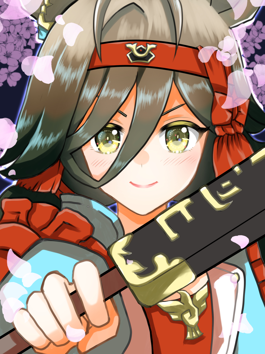 1girl animal_ears antenna_hair armor blush brown_hair cherry_blossoms closed_mouth commentary_request ear_ornament falling_petals hair_between_eyes hair_ornament highres horse_ears horse_girl irorian jacket long_sleeves no_reason_(umamusume) open_clothes open_jacket petals red_jacket shoulder_armor smile solo umamusume upper_body v-shaped_eyebrows war_fan yellow_eyes