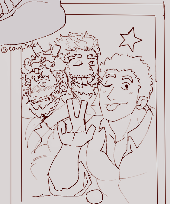 3boys :p bara beard collared_shirt envysoda eyebrow_cut facial_hair flaming_eye greyscale grin hephaestus_(housamo) long_sideburns looking_at_viewer male_focus mature_male monochrome multiple_boys muscular muscular_male pectoral_cleavage pectorals protagonist_3_(housamo) selfie shirt short_hair shy sideburns smile star_(symbol) talos_(housamo) thick_eyebrows three-finger_salute tokyo_houkago_summoners tongue tongue_out v v_over_head