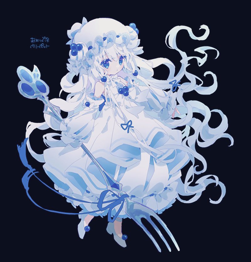 1girl alcremie alcremie_(berry_sweet) alcremie_(mint_cream) black_background blue_eyes blue_ribbon blueberry_hair_ornament detached_sleeves food-themed_hair_ornament food-themed_hat_ornament fork full_body gen_8_pokemon hair_ornament hair_ribbon hat hat_ornament hibi89 high_heels holding holding_fork long_hair long_sleeves looking_at_viewer mob_cap multi-tied_hair nintendo personification pokemon puffy_long_sleeves puffy_sleeves ribbon shoes solo white_hair white_shoes