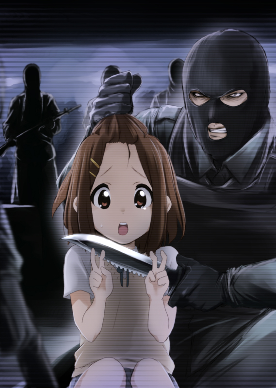 1girl balaclava brown_eyes brown_hair double_v gloves gun hirasawa_yui hostage k-on! kaiga knife mask mouth_mask parody school_uniform short_hair sweatdrop tears terrorist v weapon