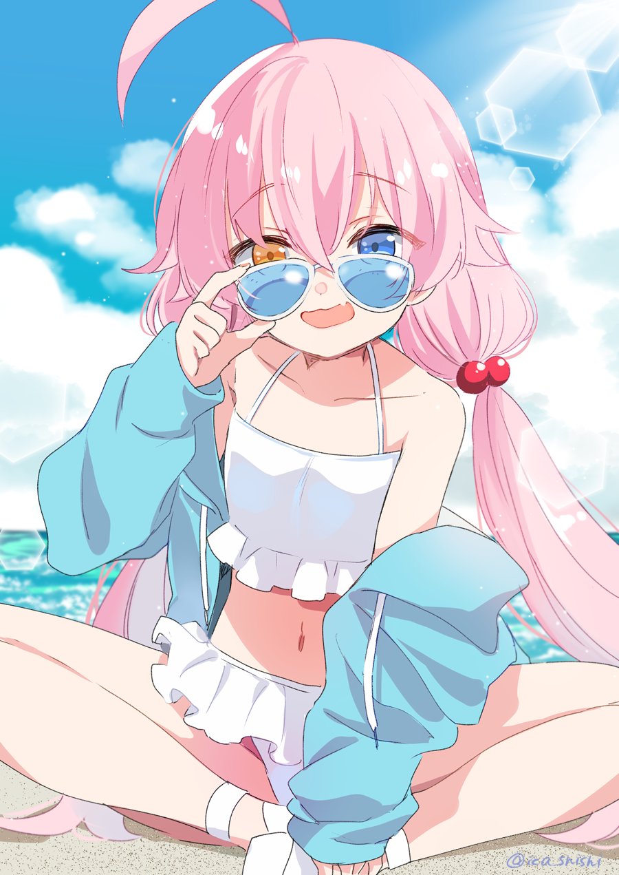 1girl adjusting_eyewear ahoge beach bikini blue_archive blue_eyes fang frilled_bikini frills hair_between_eyes hand_on_eyewear heterochromia highres hoshino_(blue_archive) hoshino_(swimsuit)_(blue_archive) ica long_hair navel pink_hair sandals skin_fang sunglasses swimsuit twintails white_bikini white_footwear yellow_eyes