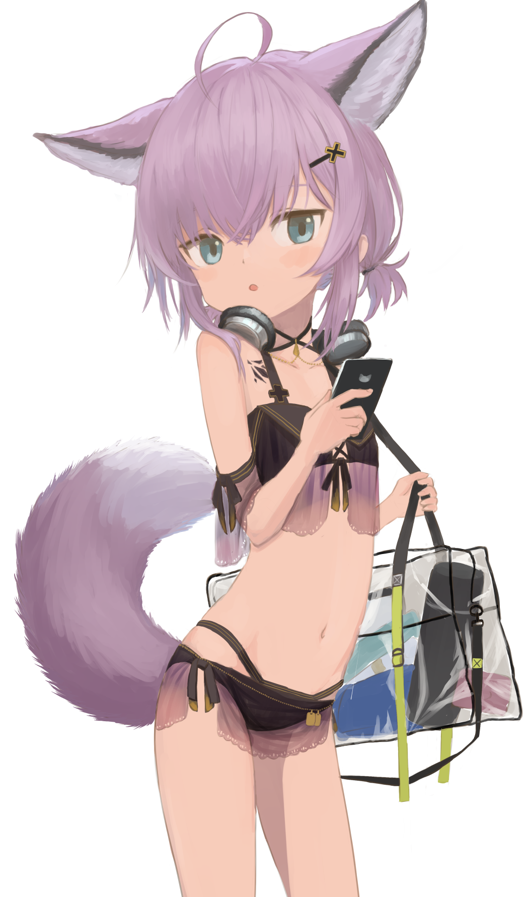 1girl :o ahoge animal_ear_fluff animal_ears arknights bag bikini black_bikini blue_eyes cellphone collarbone commentary_request eyebrows_hidden_by_hair fox_ears fox_girl fox_tail hair_between_eyes hair_ornament hairclip headphones headphones_around_neck highres holding holding_phone izumo_(ton_63) light_blush looking_at_viewer material_growth navel official_alternate_costume oripathy_lesion_(arknights) parted_lips phone purple_hair see-through_clothes simple_background solo sussurro_(arknights) sussurro_(summer_flower)_(arknights) swimsuit tail transparent white_background x_hair_ornament