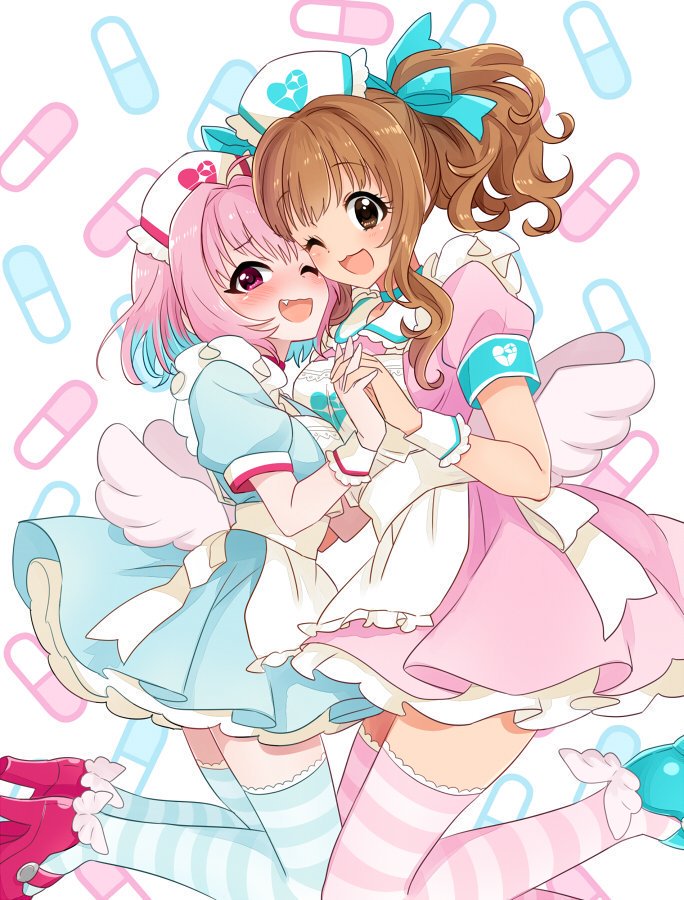 2girls ahoge angel_wings animal_ears apron armband blue_armband blue_background blue_choker blue_footwear blue_ribbon blue_thighhighs boots breast_press breasts brown_eyes choker cosplay dress fake_animal_ears frilled_apron frills hair_intakes hair_ribbon hand_up hat heart heart_print holding_hands idolmaster idolmaster_cinderella_girls idolmaster_cinderella_girls_starlight_stage interlocked_fingers light_brown_hair long_hair looking_at_viewer low_wings matching_outfits medium_breasts moroboshi_kirari multicolored_hair multiple_girls nurse_cap one_eye_closed petticoat pill_background pink_background pink_boots pink_dress pink_hair pink_thighhighs puffy_short_sleeves puffy_sleeves ribbon short_sleeves sparkle_print striped_clothes striped_thighhighs sukoyaka_(100hituzi) thighhighs two-tone_hair white_apron white_background white_thighhighs winged_footwear wings wrist_cuffs yumemi_riamu yumemi_riamu_(cosplay)