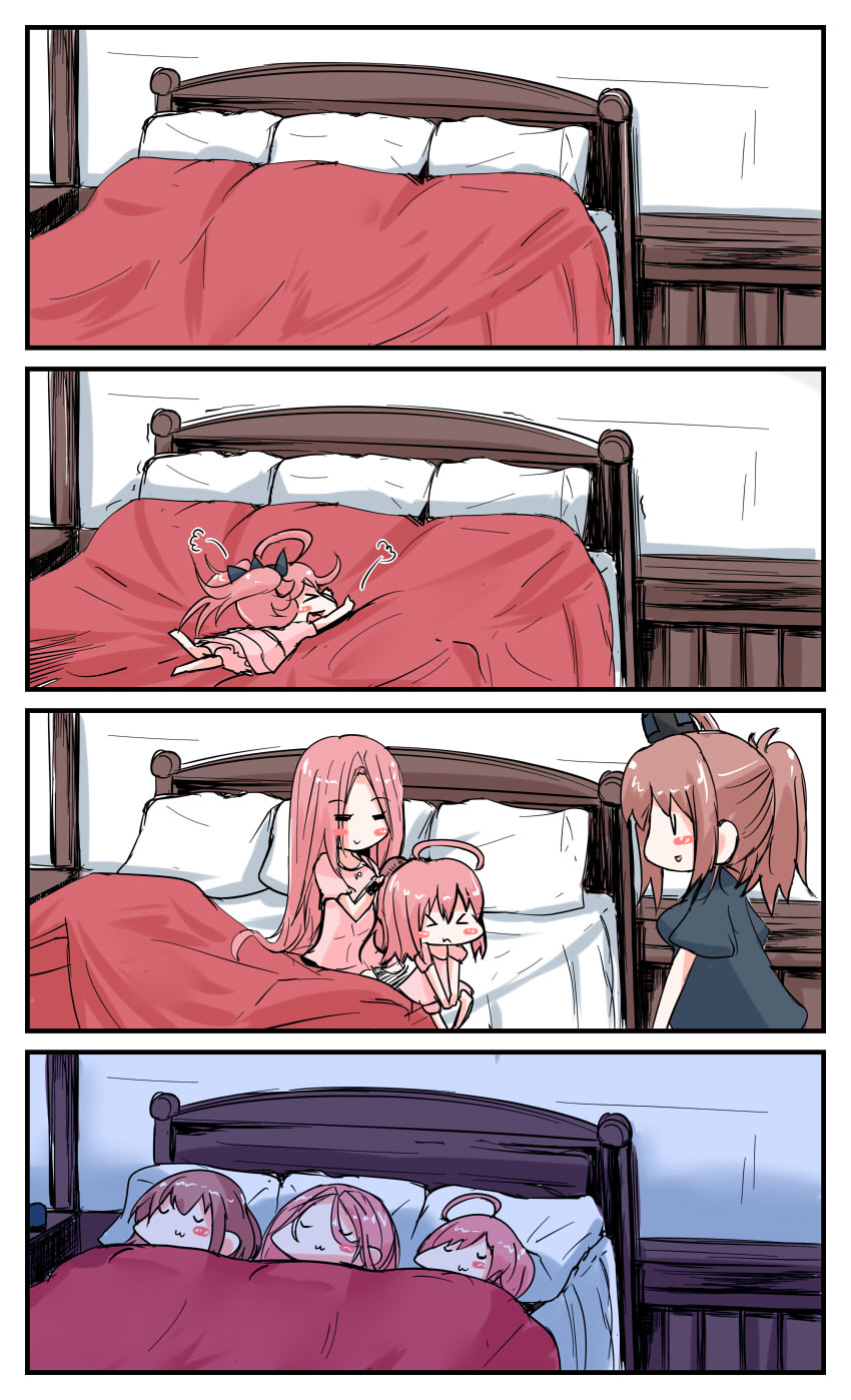 &gt;_&lt; 3girls 4koma :3 ahoge azur_lane bed black_headwear black_shirt bloomers blush_stickers brown_hair brushing_another&#039;s_hair brushing_hair closed_eyes closed_mouth comic commentary_request crossover forehead hair_brush hat high_side_ponytail highres historical_name_connection indoors kantai_collection lexington_(azur_lane) long_hair lying mini_hat multiple_girls name_connection on_back on_bed on_stomach parted_bangs pillow pink_bloomers pink_hair pink_shirt ponytail profile saratoga_(azur_lane) saratoga_(kancolle) shirt short_sleeves silent_comic sleeping teruyof u_u under_covers underwear very_long_hair yagami_kamiya