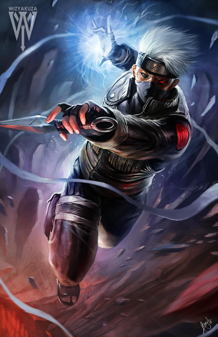 1boy artist_name black_gloves chidori_(naruto) commentary commission covered_mouth english_commentary fingerless_gloves flak_jacket forehead_protector gloves hatake_kakashi heterochromia holding holding_weapon jacket konohagakure_symbol kunai long_sleeves looking_at_viewer male_focus mask mouth_mask naruto_(classic) naruto_(series) ninja ninja_mask realistic red_eyes sharingan short_hair signature sleeveless sleeveless_jacket solo spiked_hair uzumaki_symbol weapon white_hair wizyakuza