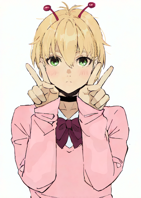1girl alien antennae ayase_momo ayase_momo_(cosplay) vamola_(dandadan) black_choker blonde_hair blush bow bowtie choker closed_mouth collarbone collared_shirt commentary cosplay dandadan double_v green_eyes hair_between_eyes long_sleeves looking_at_viewer neju pink_sweater red_bow red_bowtie school_uniform shirt short_hair sleeves_past_wrists solo sweater upper_body v white_background white_shirt
