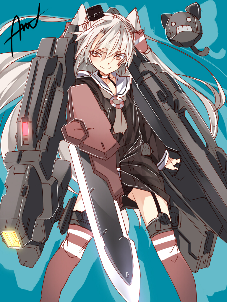 00s 10s 1girl alternate_weapon amatsukaze_(kancolle) black_panties brown_eyes cat choker dress female_focus gun gundam gundam_00 gundam_00f gundam_astraea_type-f hair_tubes hat kantai_collection long_hair looking_at_viewer mini_hat mtu_(orewamuzituda) panties sailor_dress school_uniform serafuku short_dress silver_hair solo striped_clothes striped_thighhighs thighhighs twintails two_side_up underwear weapon zettai_ryouiki