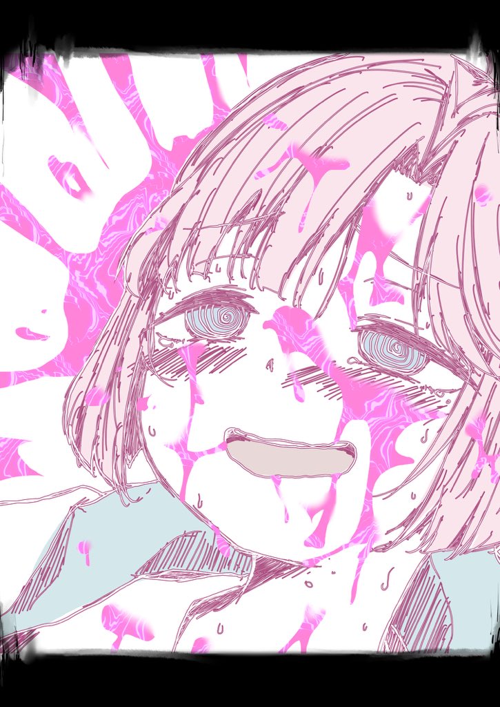 1girl :d anyoji_hime ast blue_eyes blunt_bangs check_commentary commentary_request ecstasy hair_intakes hood hooded_jacket jacket letterboxed link!_like!_love_live! love_live! open_mouth pink_hair pink_liquid sidelocks smile solo suggestive_fluid swept_bangs teeth upper_teeth_only virtual_youtuber white_background white_jacket