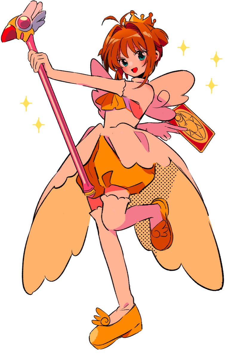 1girl :d antenna_hair ascot bare_shoulders between_fingers bloomers blush brown_hair card card_between_fingers cardcaptor_sakura crown dress elbow_gloves full_body gloves holding holding_wand kinomoto_sakura kinomoto_sakura_(miraculous_sakura) looking_at_viewer open_mouth outstretched_arm sanamaru_(sana79261827) shoes short_hair simple_background smile solo sparkle standing standing_on_one_leg thighhighs underwear wand white_background white_dress white_gloves white_thighhighs white_wings wings yellow_ascot yellow_bloomers yellow_shoes