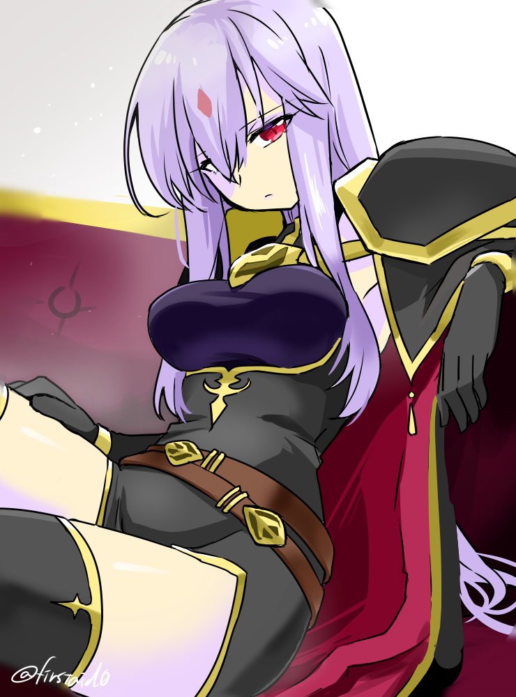 1girl alternate_costume armor belt breasts cape corruption dark_persona expressionless fire_emblem fire_emblem:_genealogy_of_the_holy_war forehead_jewel julia_(fire_emblem) long_hair medium_breasts mind_control multiple_belts nintendo purple_hair red_eyes shoulder_pads sitting solo thighhighs thighs yukia_(firstaid0)